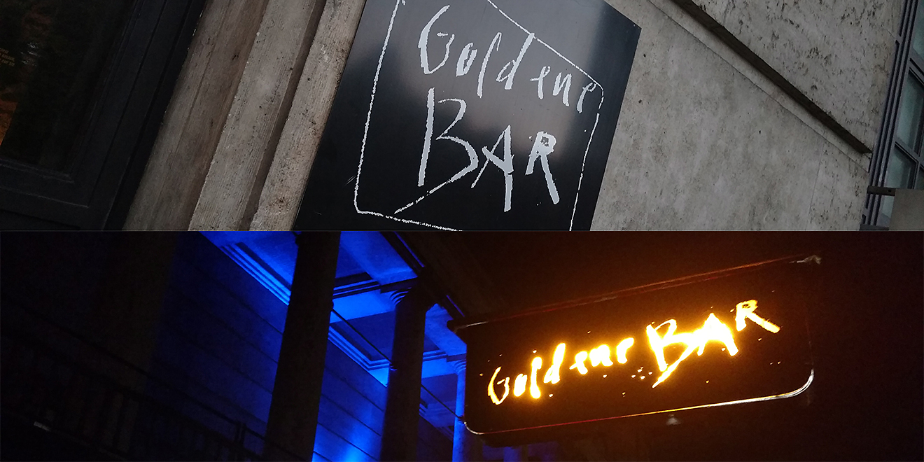 Der Eingang zur Goldenen Bar - dem Highlight unserer Cocktail-Tour durch München. 