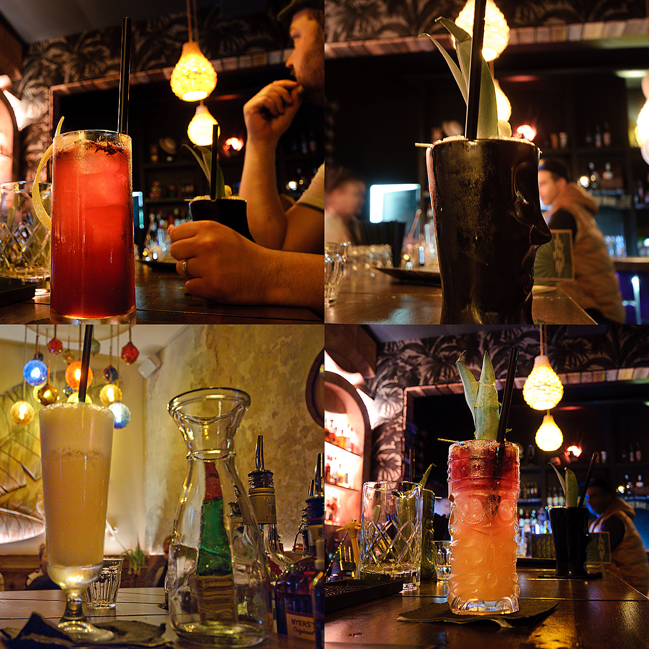Die zweite Runde Cocktails im Kawenzmann: Ein Hibiscus Rum Punch (oben links), ein Dead Reckoning (oben rechts), eine Port Light (unten links) und der Kawenzmann (unten rechts).