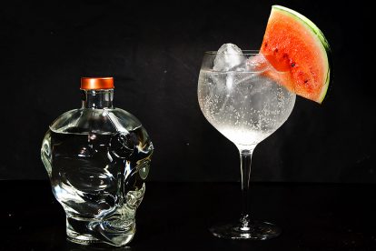 Allie Gin in einem Gin Tonic mit Melonen-Dekoration.