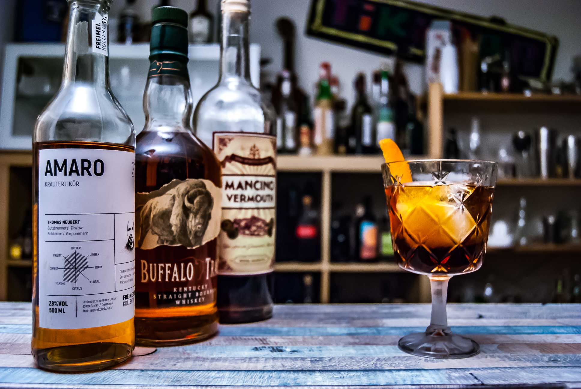 Der Buffalo trace Bourbon Whiskey in einem Boulevardier-Twist.