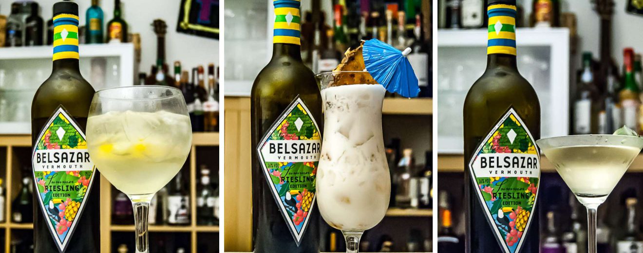 Die Belsazar Summer Edition als Gin Tonic, Colada und Martini.
