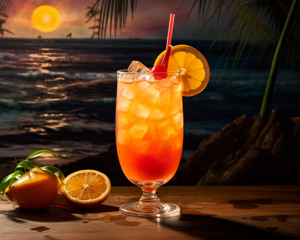 Der Hurricane, garniert mit Orange und Cocktail-Kirsche.