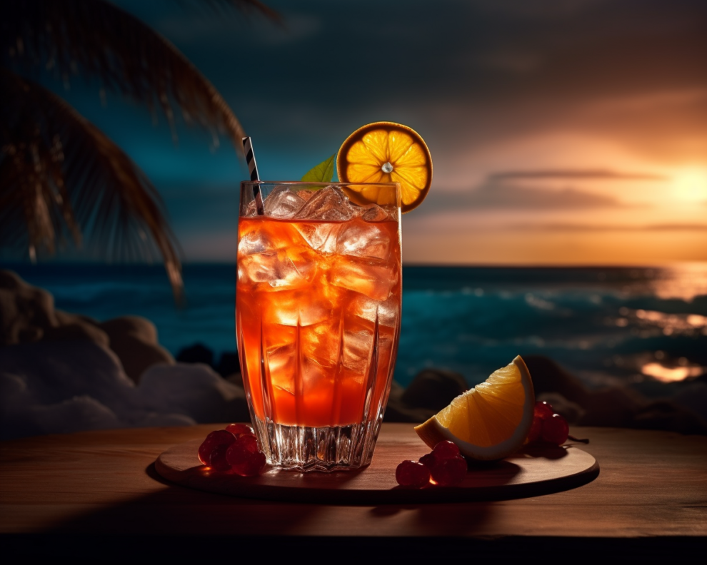 Ein Sex on the Beach Cocktail im Sonnenuntergang am Strand.