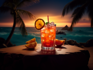 Ein klassischer Sex on the Beach mit Wodka, Pfirsichlikör, Orangensaft und Cranberrysaft.