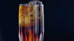 Ein Longdrink-Glas mit einem Cocktail darin.