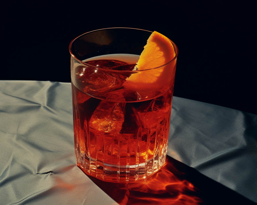 Ein Negroni-Cocktail mit Orangenscheibe.