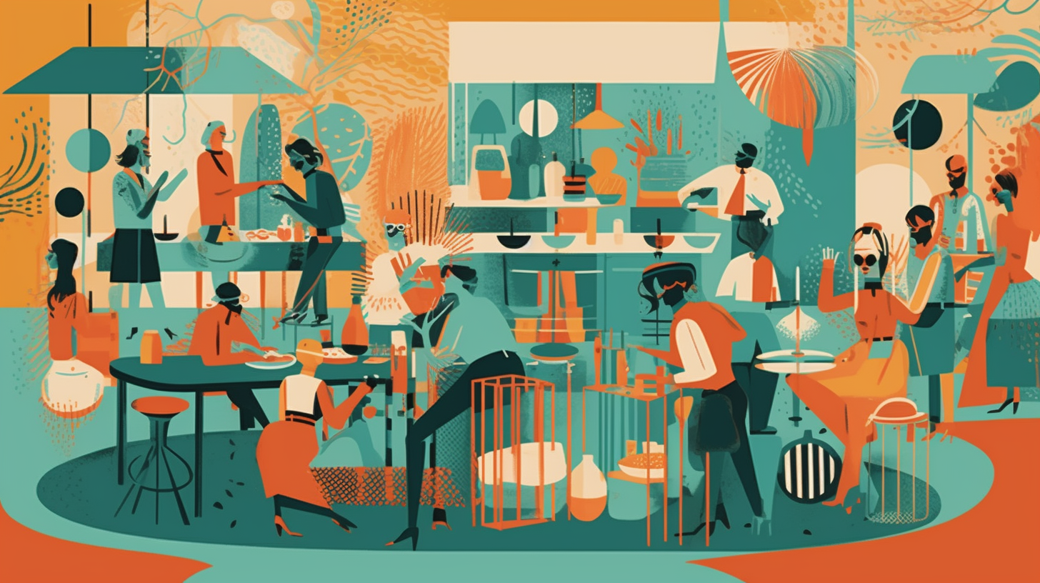 " mid-century modern style illustration of a bustling backyard BBQ party. Visible are people laughing, sipping colorful cocktails, and cooking burgers on a retro-styled grill. The color scheme features vibrant shades of turquoise, mustard yellow, and coral. The style is reminiscent of 1950s advertisements with simplified shapes, bold lines, and a fun, whimsical vibe. --ar 16:9 --v 5 --q 2" - falls ihr mal wissen wolltet, was man tippen muss, um die KI zu so abstrakten Bildern zu bewegen.