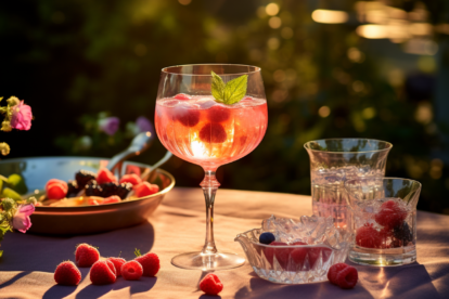 Ein Lillet Wild Berry Cocktail garniert mit Beeren und Minze.