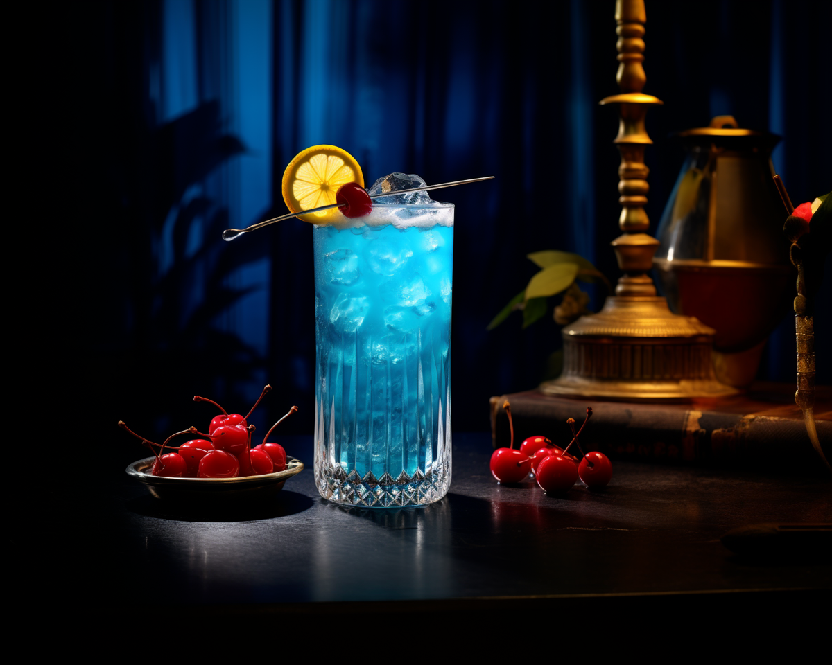 Ein Blue Lagoon Cocktail mit Wodka, Zitronensaft, Blue Curacao und Zitronenlimonade.