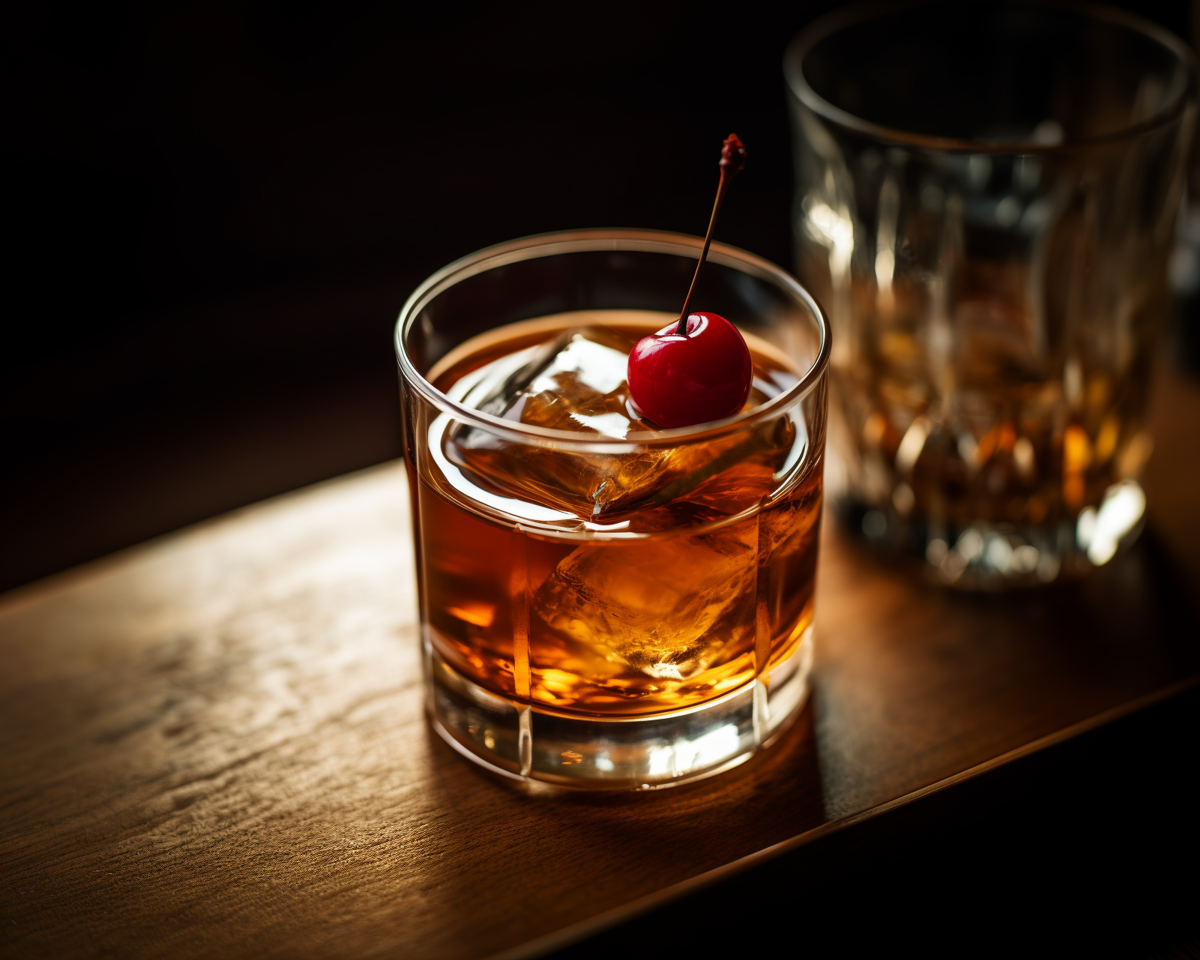 Ein Fancy Free Cocktail mit Whiskey, Maraschino, Angostura und Orange Bitters.