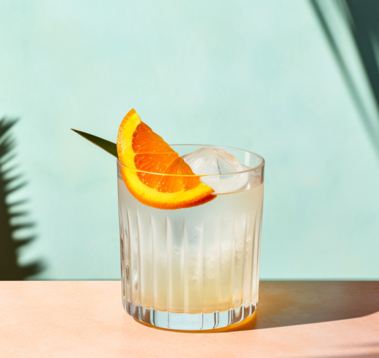 Ein Negroni Bianco Cocktail, garniert mit einem Stück Orange.