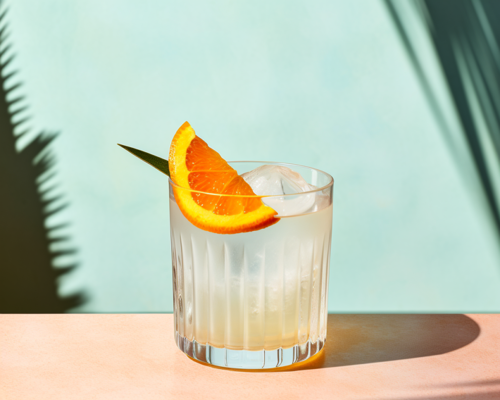 Ein Negroni Bianco Cocktail, garniert mit einem Stück Orange.