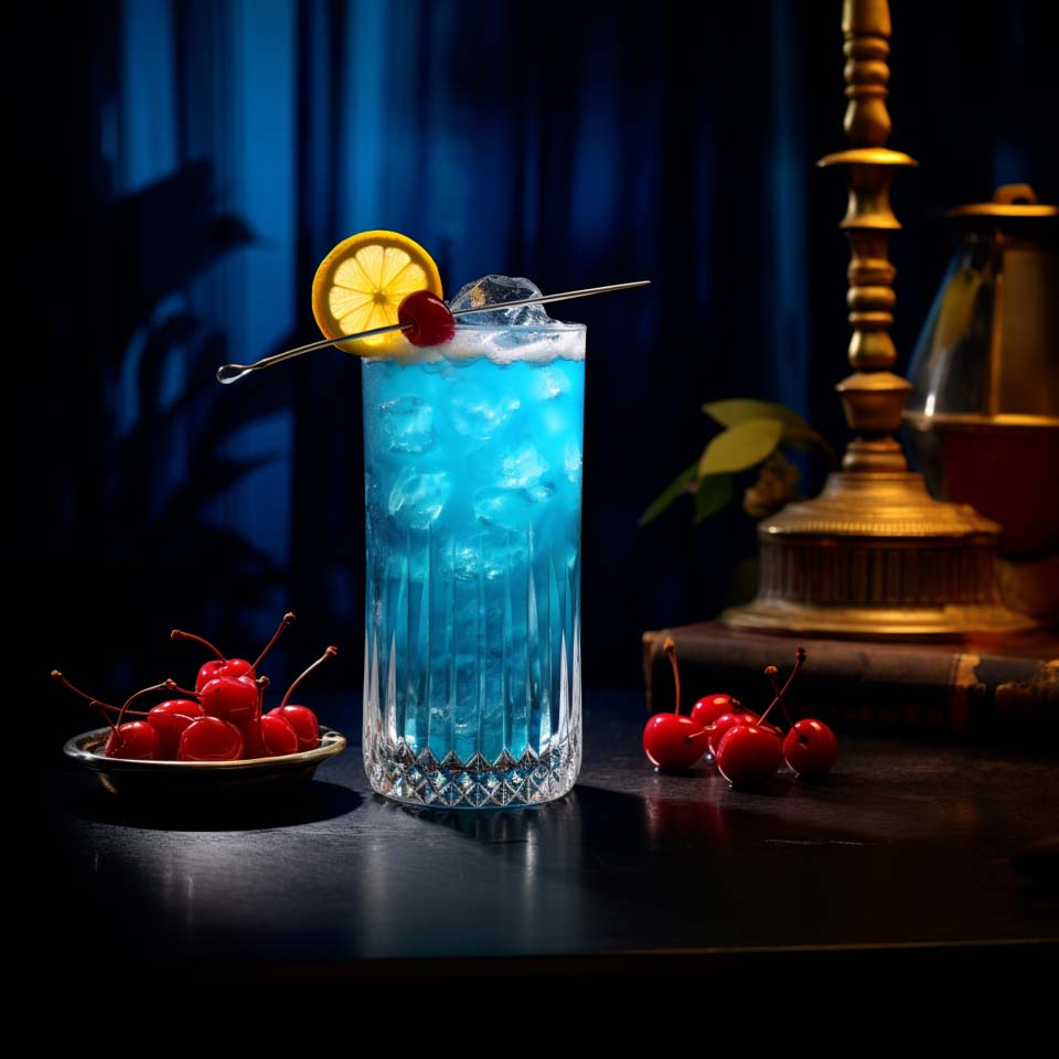 Ein Blue Lagoon Cocktail mit Wodka, Zitronensaft, Blue Curacao und Zitronenlimonade.