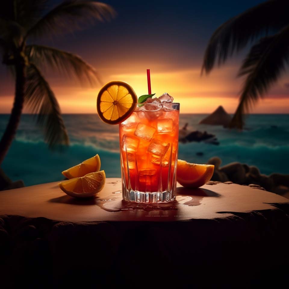 Ein klassischer Sex on the Beach mit Wodka, Pfirsichlikör, Orangensaft und Cranberrysaft.