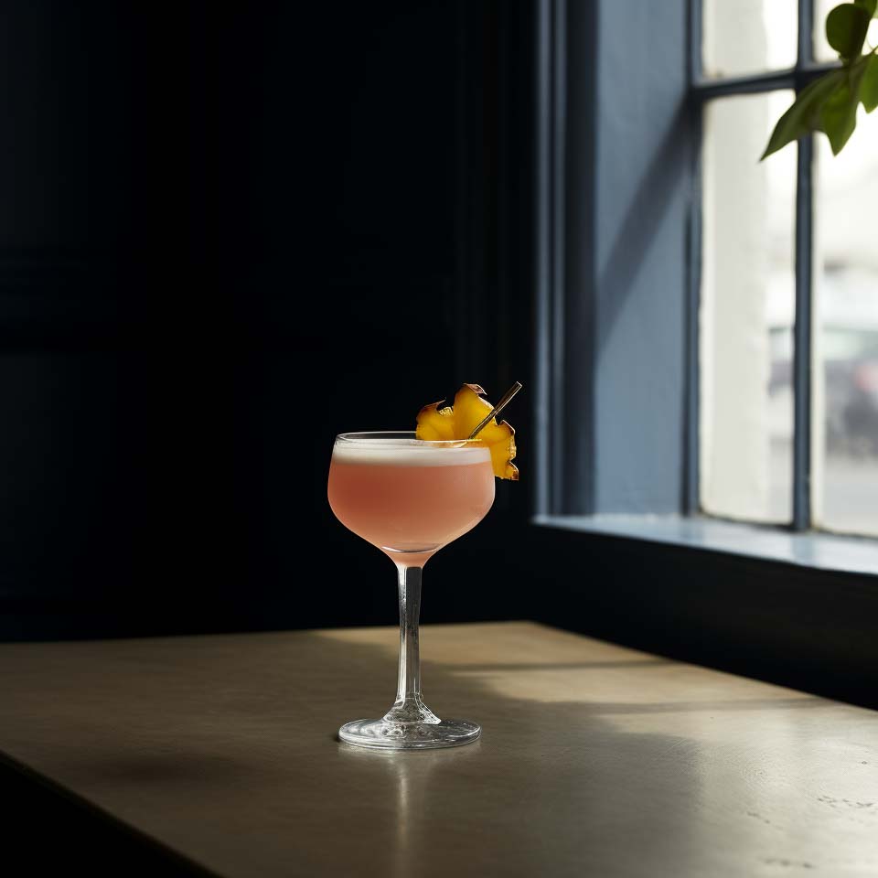 Ein Mary Pickford Cocktail mit weißem Rum, Ananassaft, Maraschino und Grenadine.