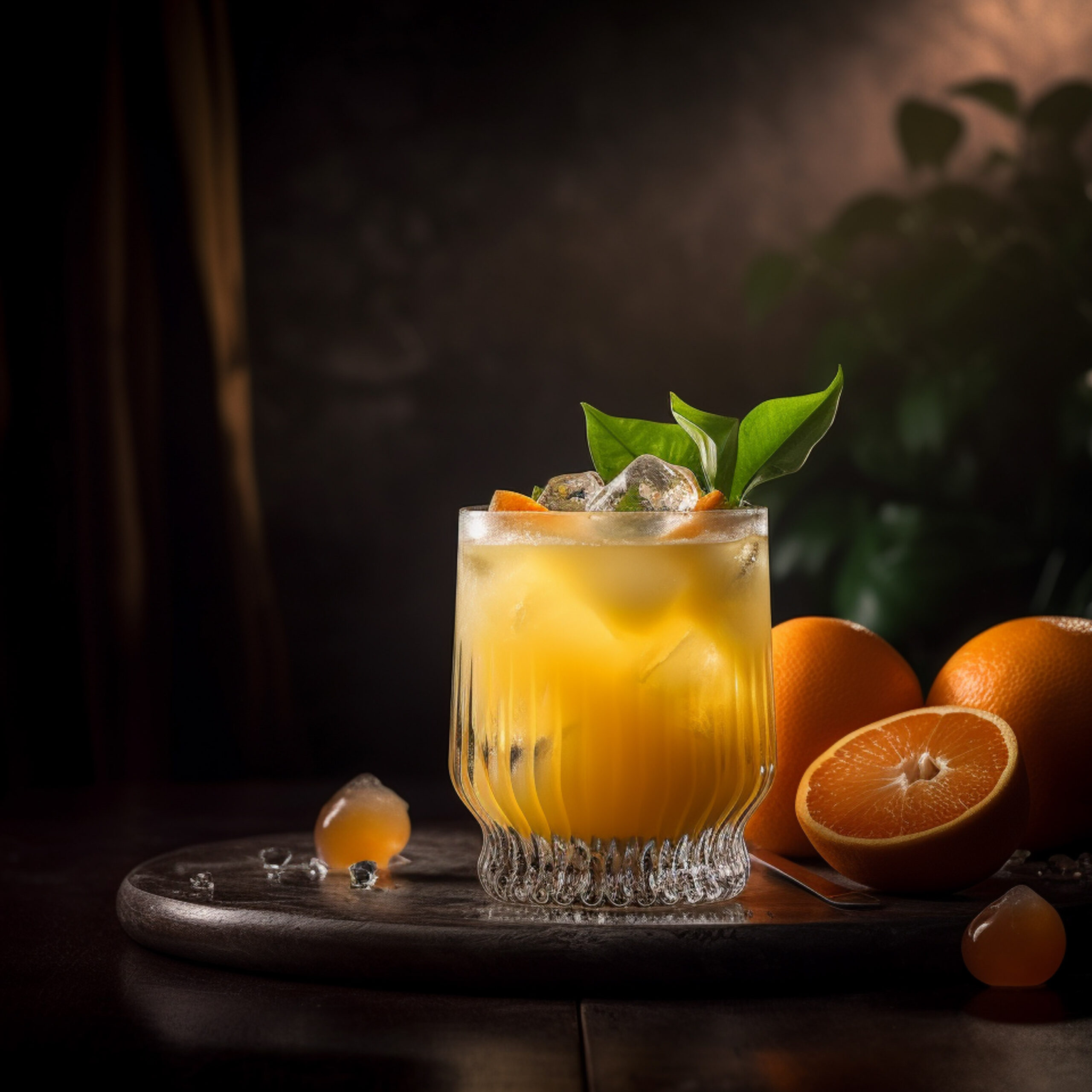 Ein Fuzzy Navel Cocktail aus Orangensaft und Pfirsichlikör, garniert mit Kräutern.