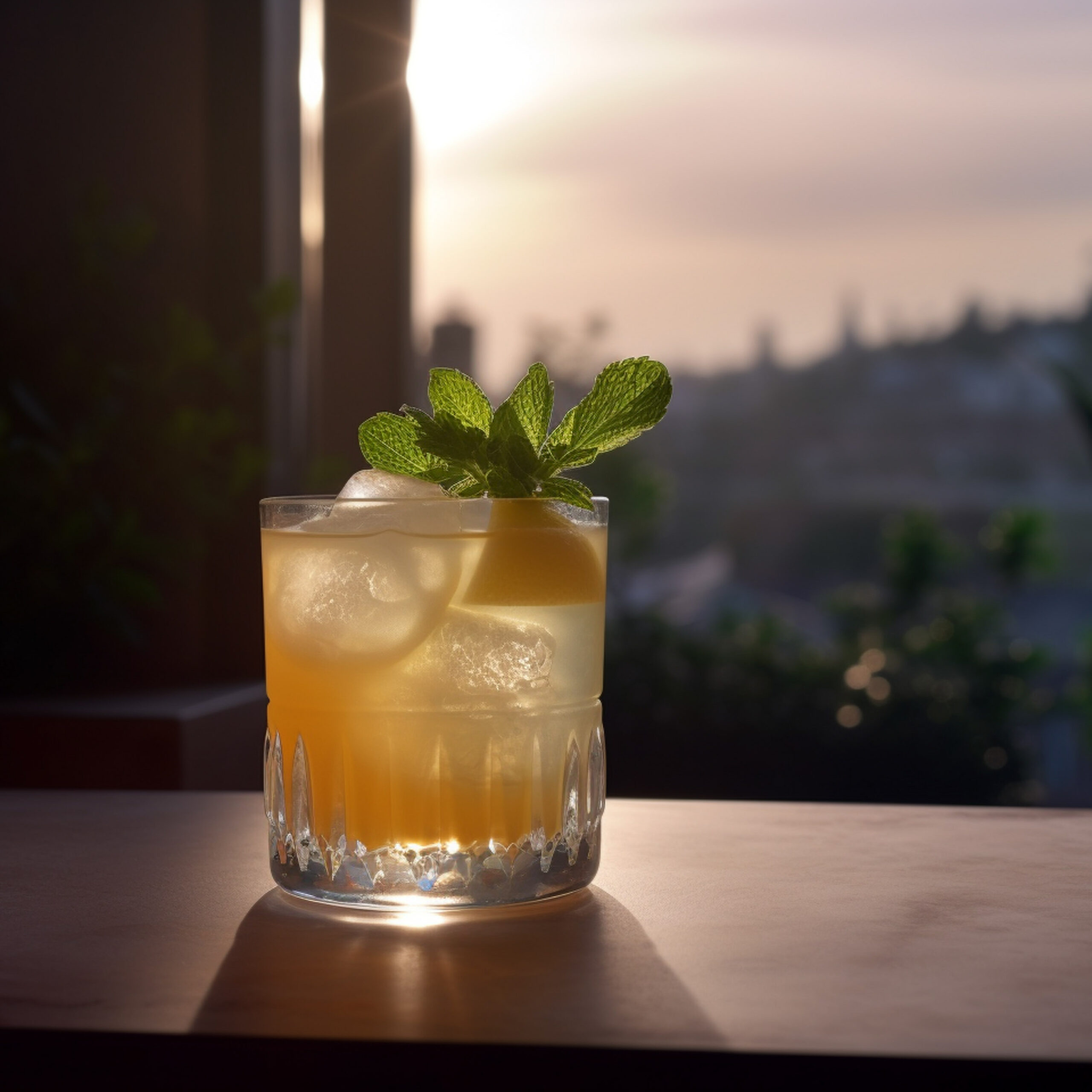 Ein Whiskey Smash Cocktail mit Bourbon, garniert mit einem Minzezweig.