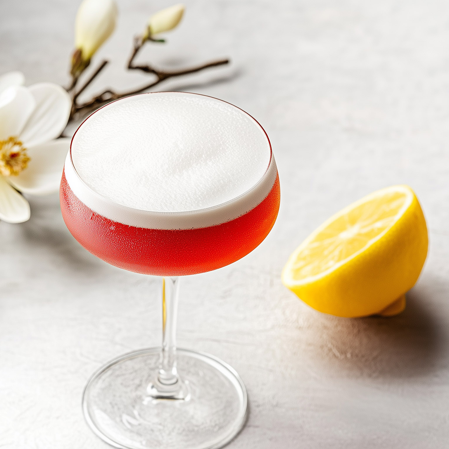 Ein Campari Sour mit rot-rosa Farbe und weißen Schaum auf der Oberseite, serviert in einem Coupé-Glas vor einem hellgrauen Hintergrund. Daneben liegt eine Zitronenscheibe, und in der Nähe blüht auch eine Blume.