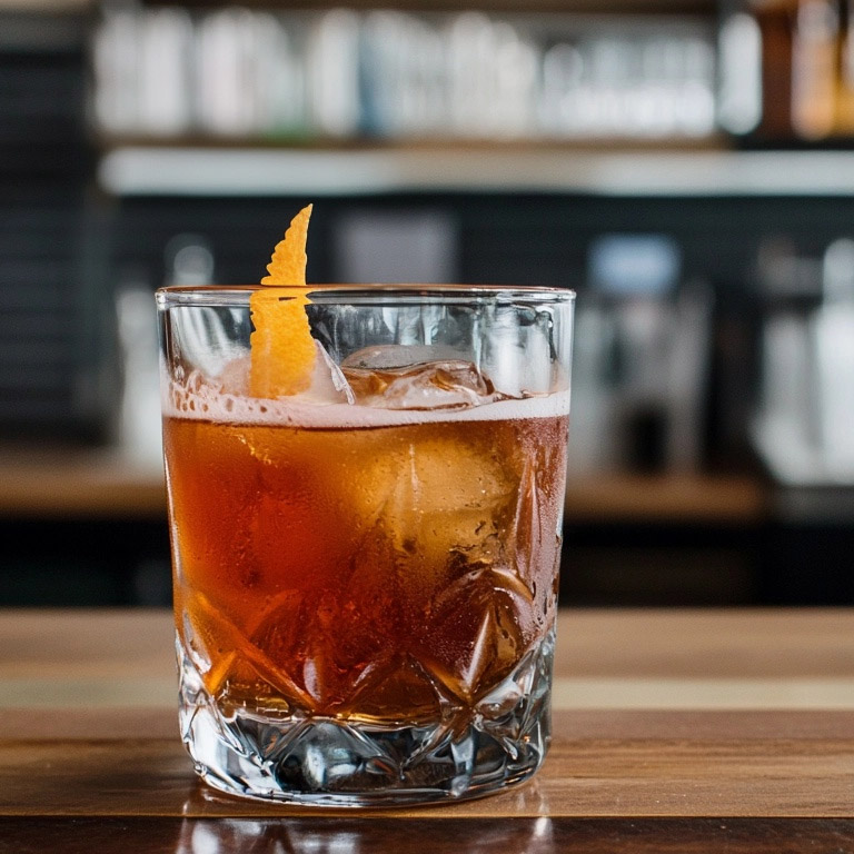 Ein Flannel Shirt Cocktail mit Scotch, Averna, Apfelsaft, Zitronensaft, Demerarazuckersirup, Pimento Dram und Angostura Bitters.