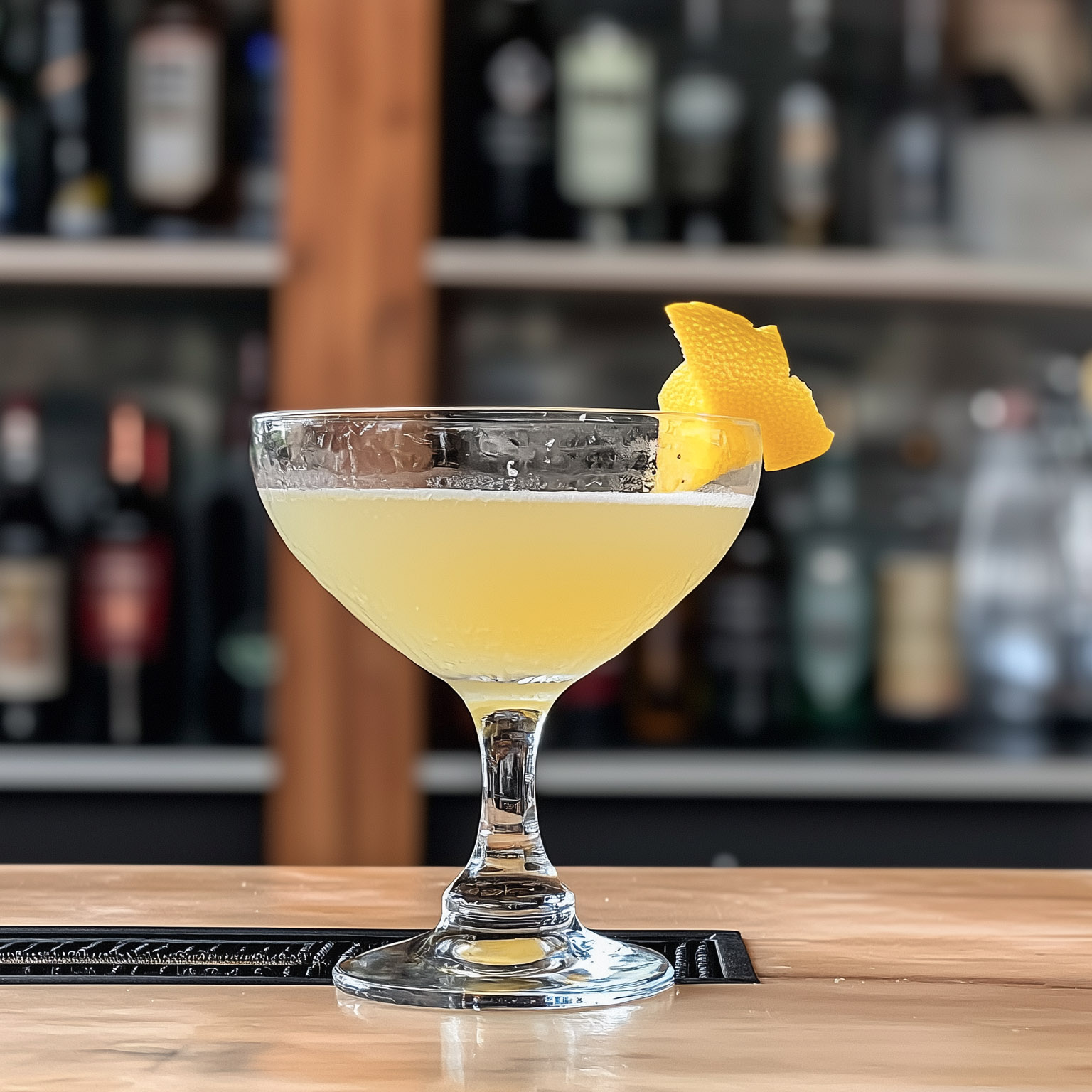 Ein Foto des Lemon-Drop-Cocktails in einem eleganten Coupe-Glas, garniert mit einer Orangenzeste und oben auf der Bar stehend.