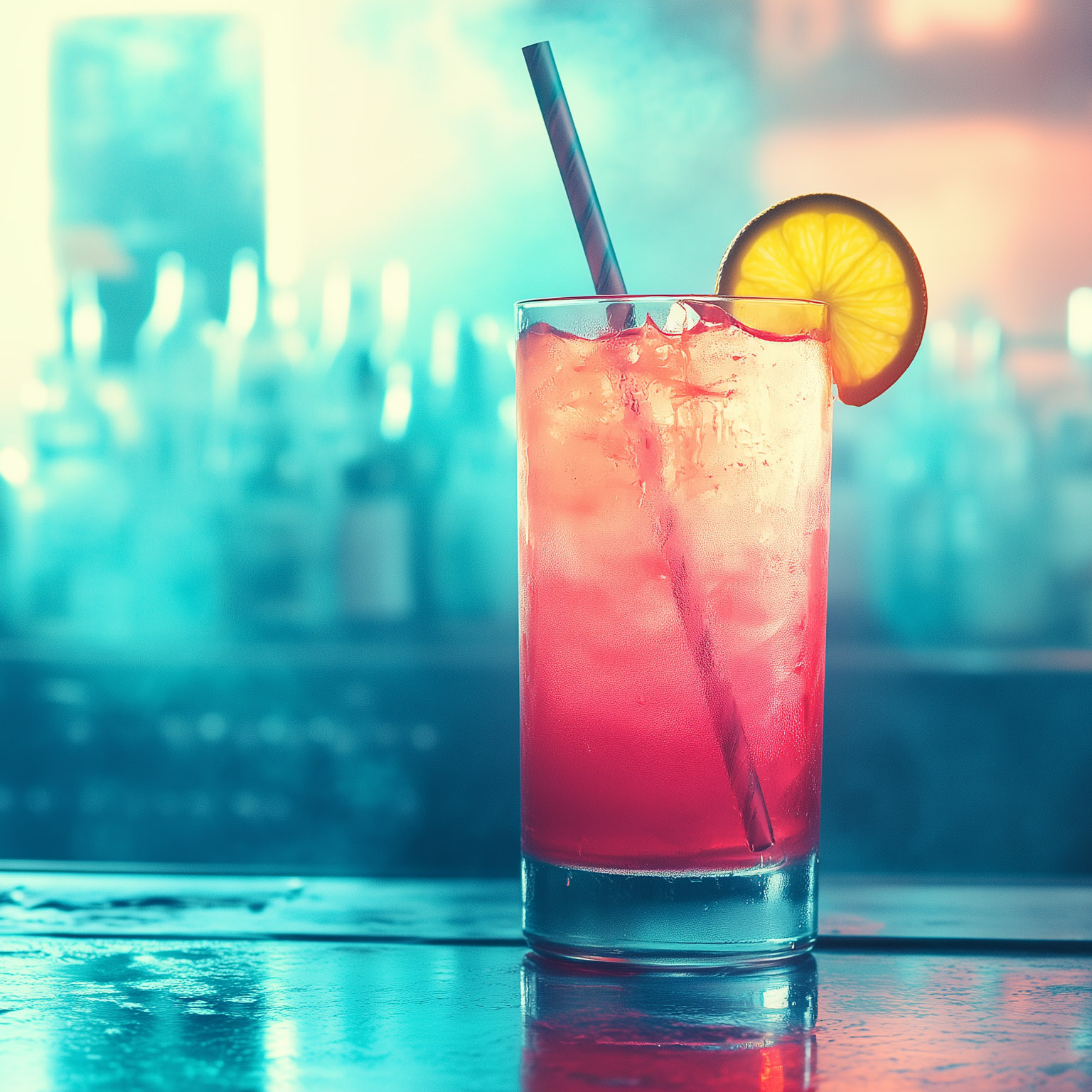 Ein leuchtend roter Long Beach Iced Tea mit Eis und einer Zitronenscheibe steht in einem Highball-Glas auf einem Bartresen vor einem unscharfen blauen Hintergrund. Die Farbpalette umfasst Schattierungen von Blau und Rosa, die eine filmische, professionelle Food-Fotografie-Szene schaffen. Die Beleuchtung ist eine Kombination aus Studiolicht und natürlichem Licht, was zu einem klaren, scharfen Fokus und einer schönen, eleganten Szene führt. Das Bild hat eine hyperrealistische Qualität, ohne Tiefenunschärfe, Text oder Logo.