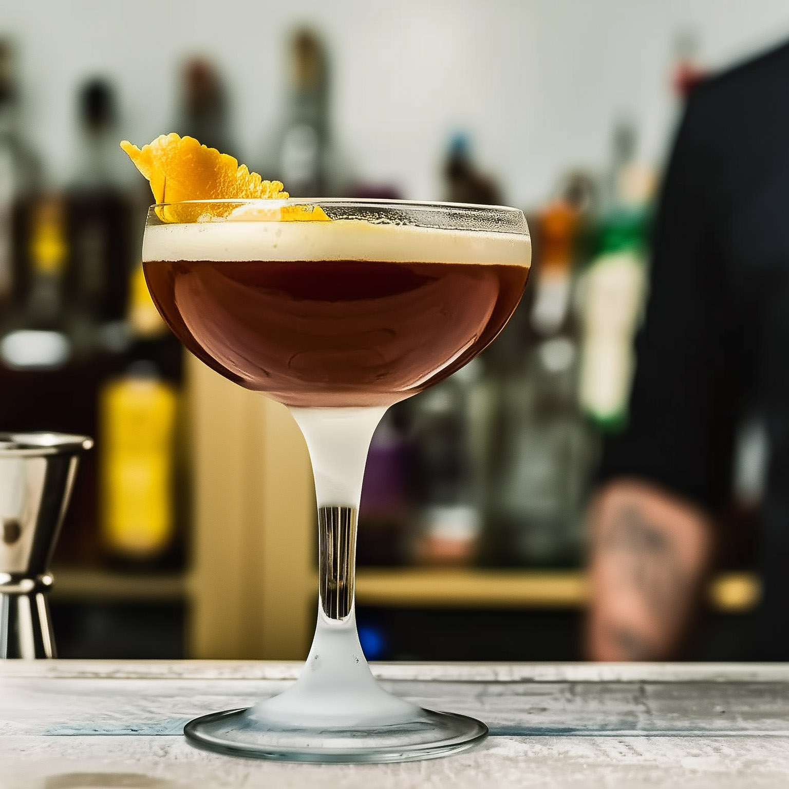 Ein Mela Acida Cocktail in einem Coupette-Glas, platziert auf einem eleganten Bartresen mit einem professionellen Barkeeper, der von hinten zu sehen ist. Die satte braune Farbe des Getränks und die weiße Schaumkrone sind mit einer Orangenschale garniert. Er steht in der Mitte des Bildes vor einem unscharfen Hintergrund, der andeutet, dass in der Nähe andere Cocktails zubereitet werden.