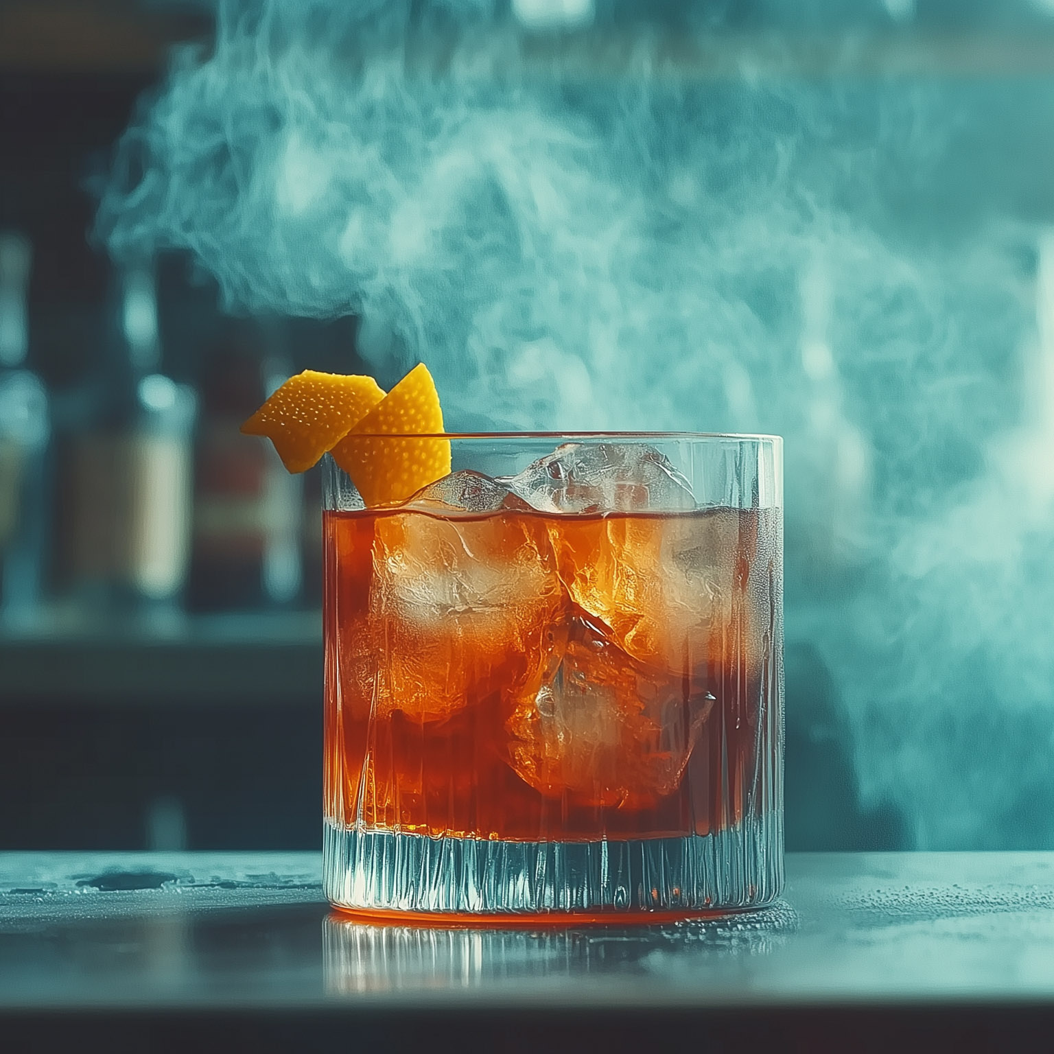 Ein Old Pal Cocktail mit wirbelndem Rauch in einem eleganten Glas, garniert mit einer Orangenschale, auf dem Bartresen, mit einem weichen blauen und grünen Hintergrund, der seine satte Farbe und dampfende Textur einfängt. Fotografiert mit einer Canon EOS R5 für hochauflösende Details.