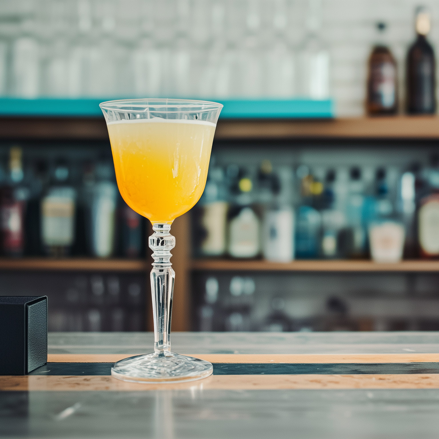 Ein klassischer Pegu Club Cocktail, der auf einem Tresen neben einem schwarzen Lautsprecher steht, mit einem Bar-Hintergrund und einem hellblauen und weißen Farbschema. Das Foto ist im Stil der Produktfotografie aus einem vorderen Winkel aufgenommen.