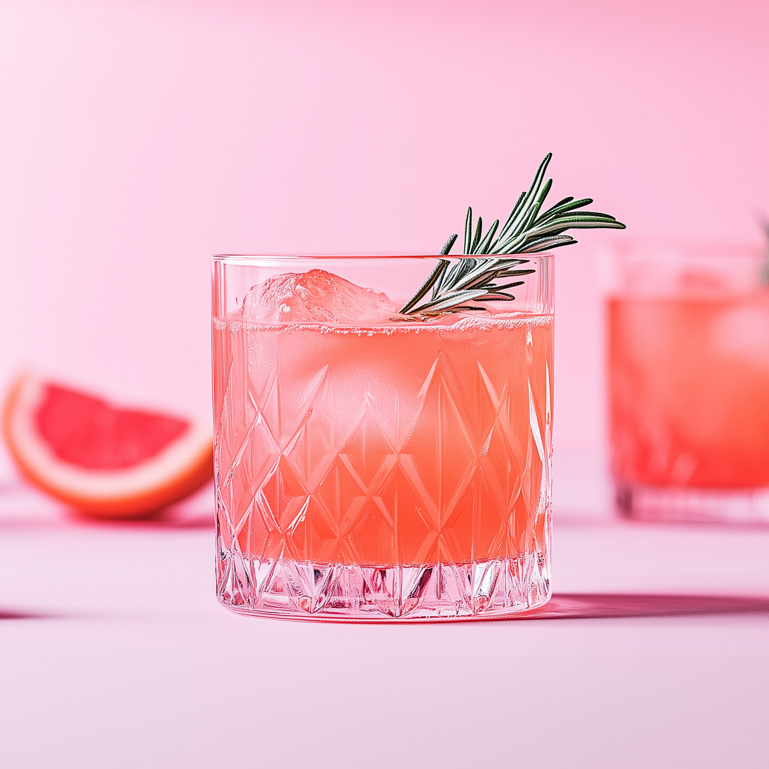 Ein schimmernder, rosaroter Pomelo Spritz Cocktail in einem altmodischen Glas, garniert mit einem Rosmarinzweig und einer Grapefruitscheibe, vor einem sanften, pastellfarbenen Hintergrund, der die Essenz der Frühlingsstimmung verkörpert. Professionelle Produktfotografie, mit Farbabstufung und sauberem, scharfem Fokus.