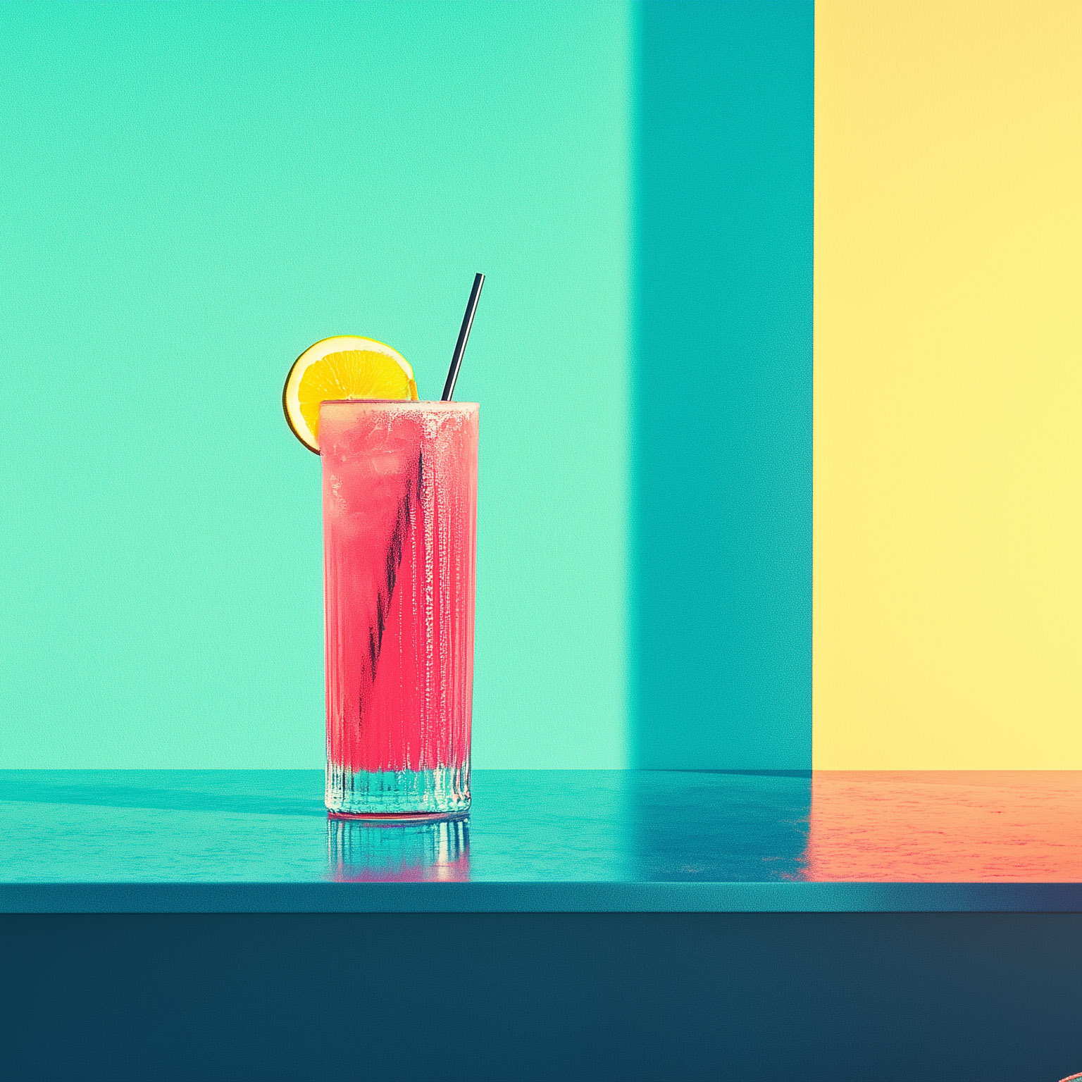 Ein rosa Woo Woo Cocktail mit einer Zitronenscheibe und einem schwarzen Strohhalm auf dem Tisch, vor einem blauen, gelben und grünen Hintergrund, in einem minimalistischen Stil. Lebensmittel-Fotografie, hohe Auflösung, Hyper-Realismus, Pastellfarben, Farbverlauf, helle Farben, helle Farben, bunt, sauberer Hintergrund, Studioaufnahme, Weitwinkel, Nahaufnahme, super detailliert, super realistisch, super scharf und super hohe Qualität.