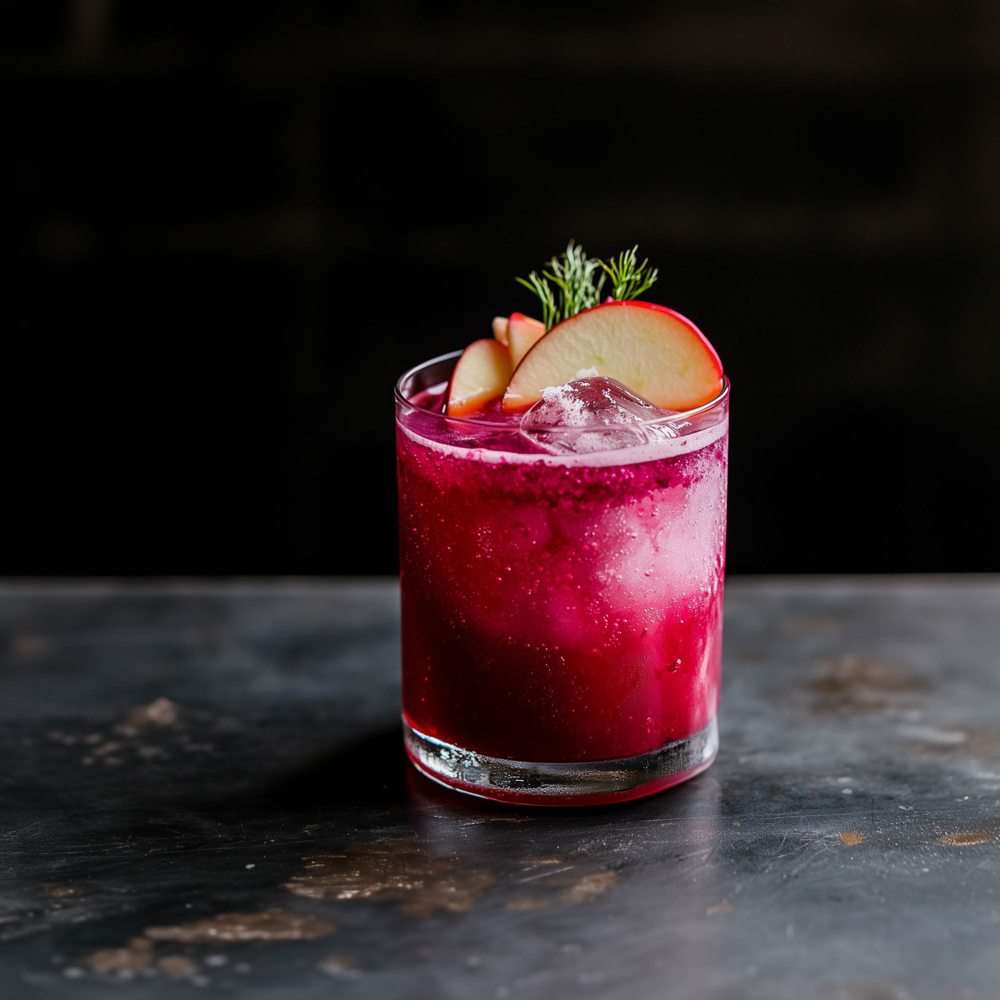 Ein Botanik Blush Cocktail mit DILD Akvavit, Rote Beete-Saft, Apfelsaft, Gurkenbitters.