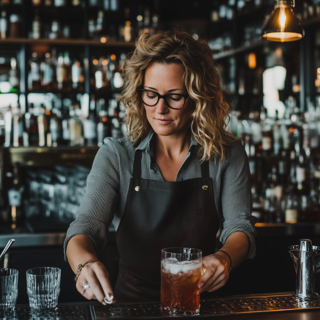 Eine Bartenderin in einer modernen Craft Bar.