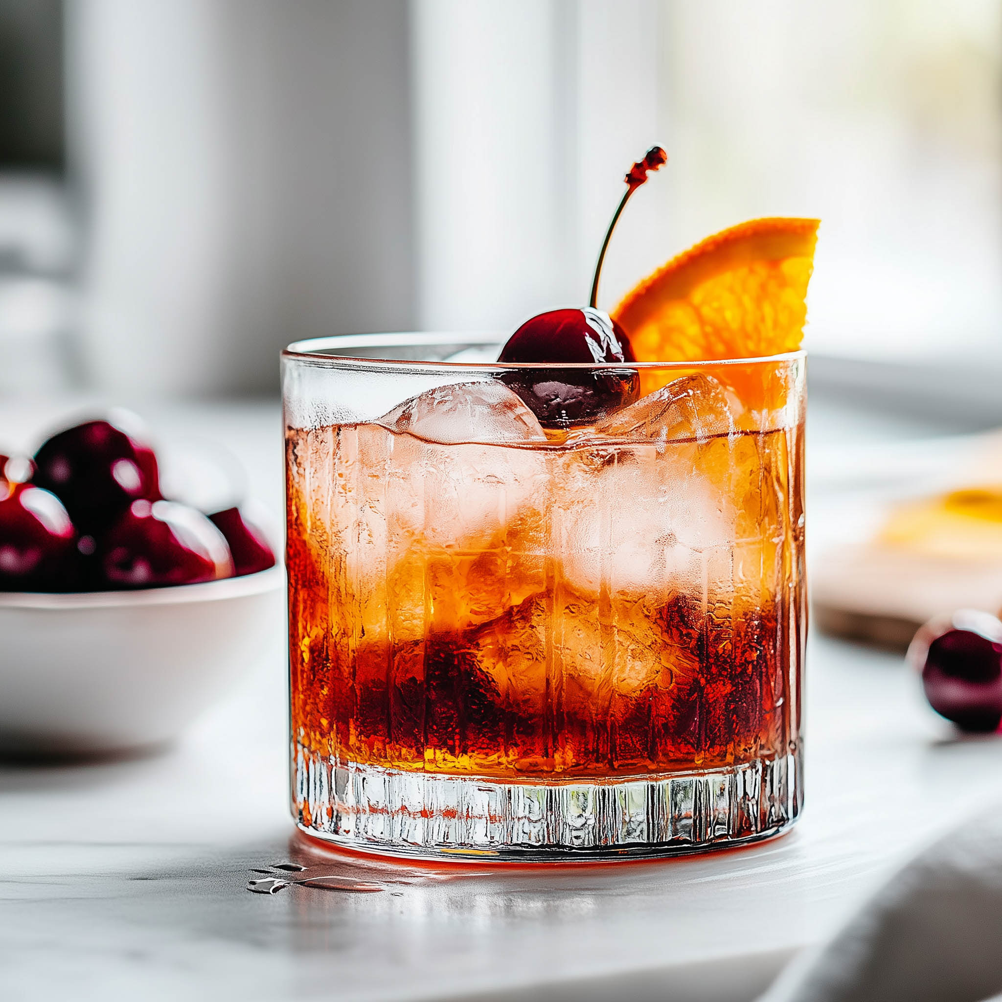 Ein Winsonsin Old Fashioned Cocktail mit Brandy, Kirsche und Orange.