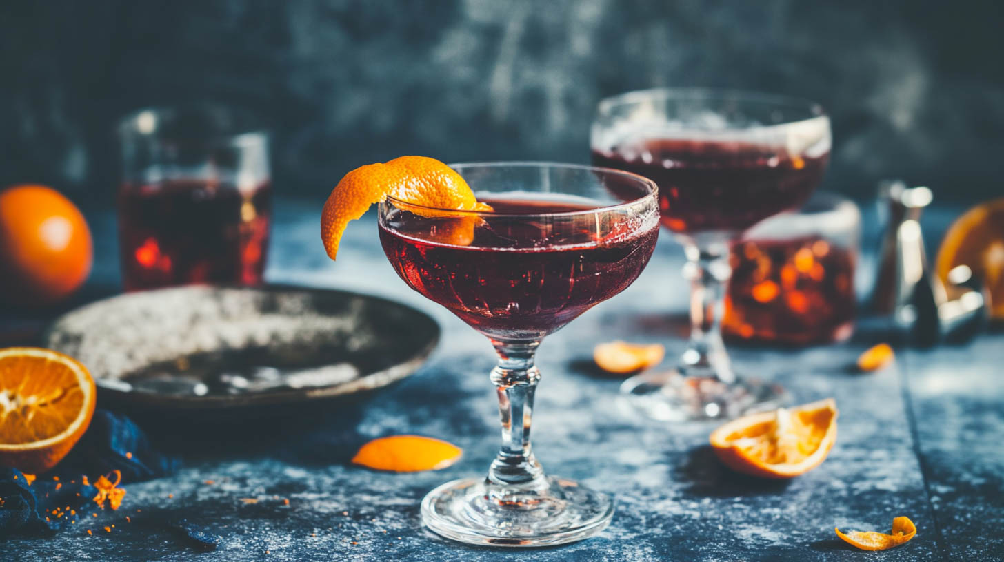 Der 1910 Cocktail mit Mezcal, Cognac, süßem Wermut, Maraschino und Peychaud's Bitters.