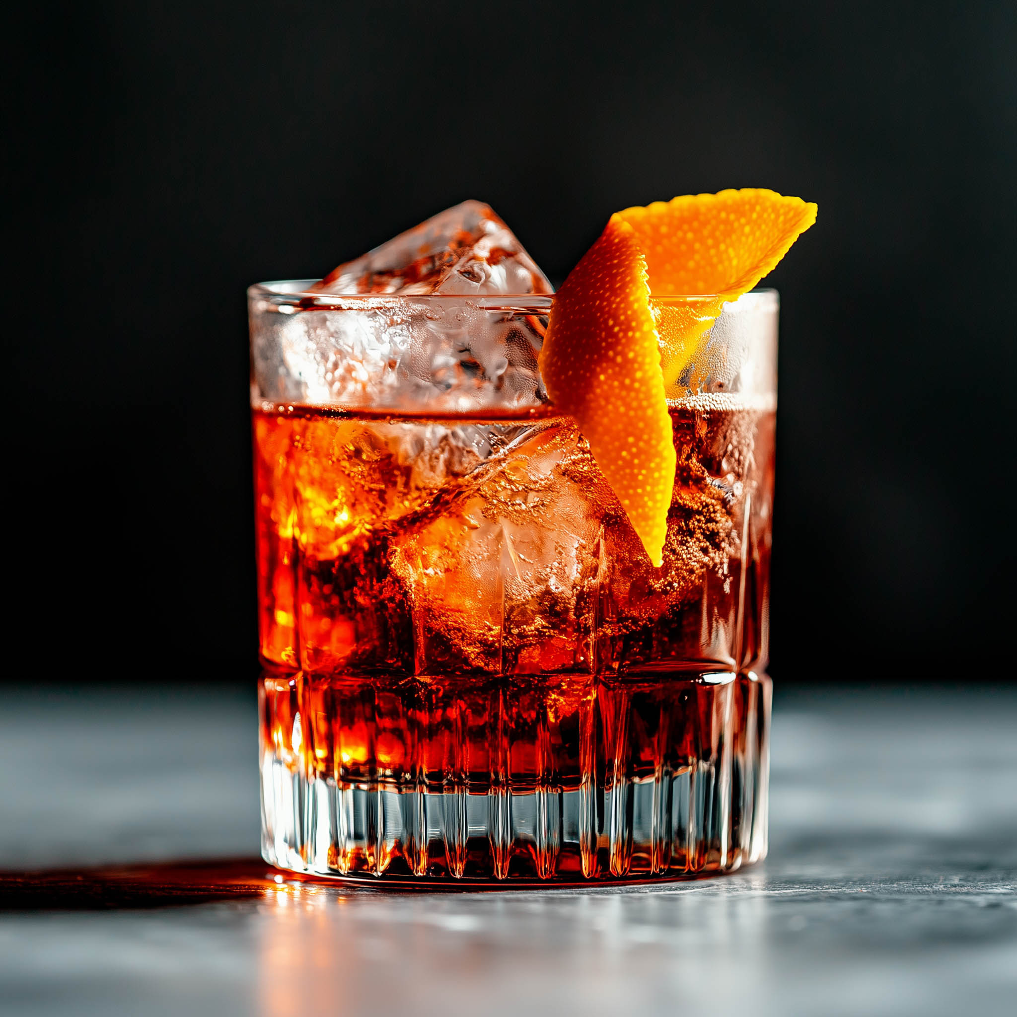 Ein Milano-Torino-Cocktail aus Wermut und Campari, garniert mit einer Orangenzeste.