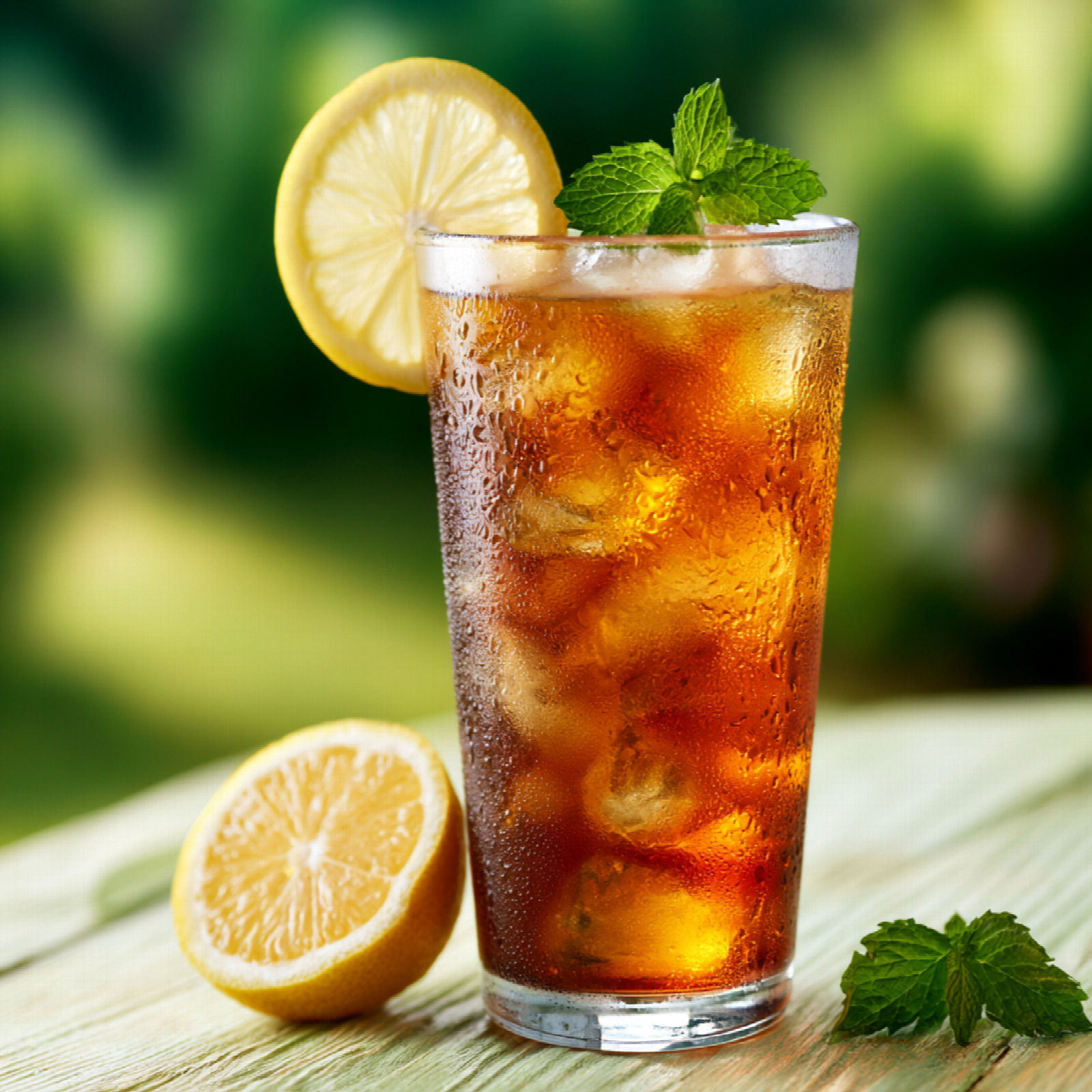 Cold Brew Tea Drink im Glas mit Zitrone und Minze