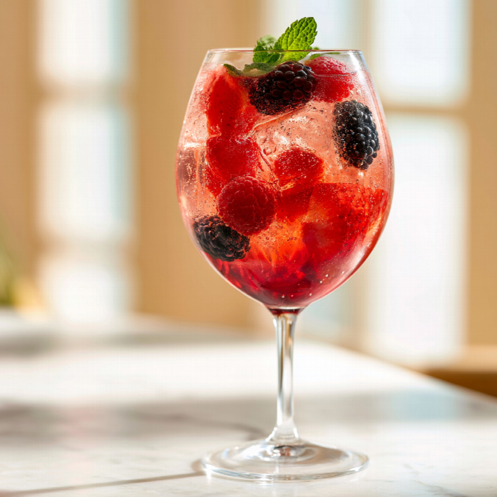 Beeriger Lillet Aperitif im Weinglas mit frischen Beeren